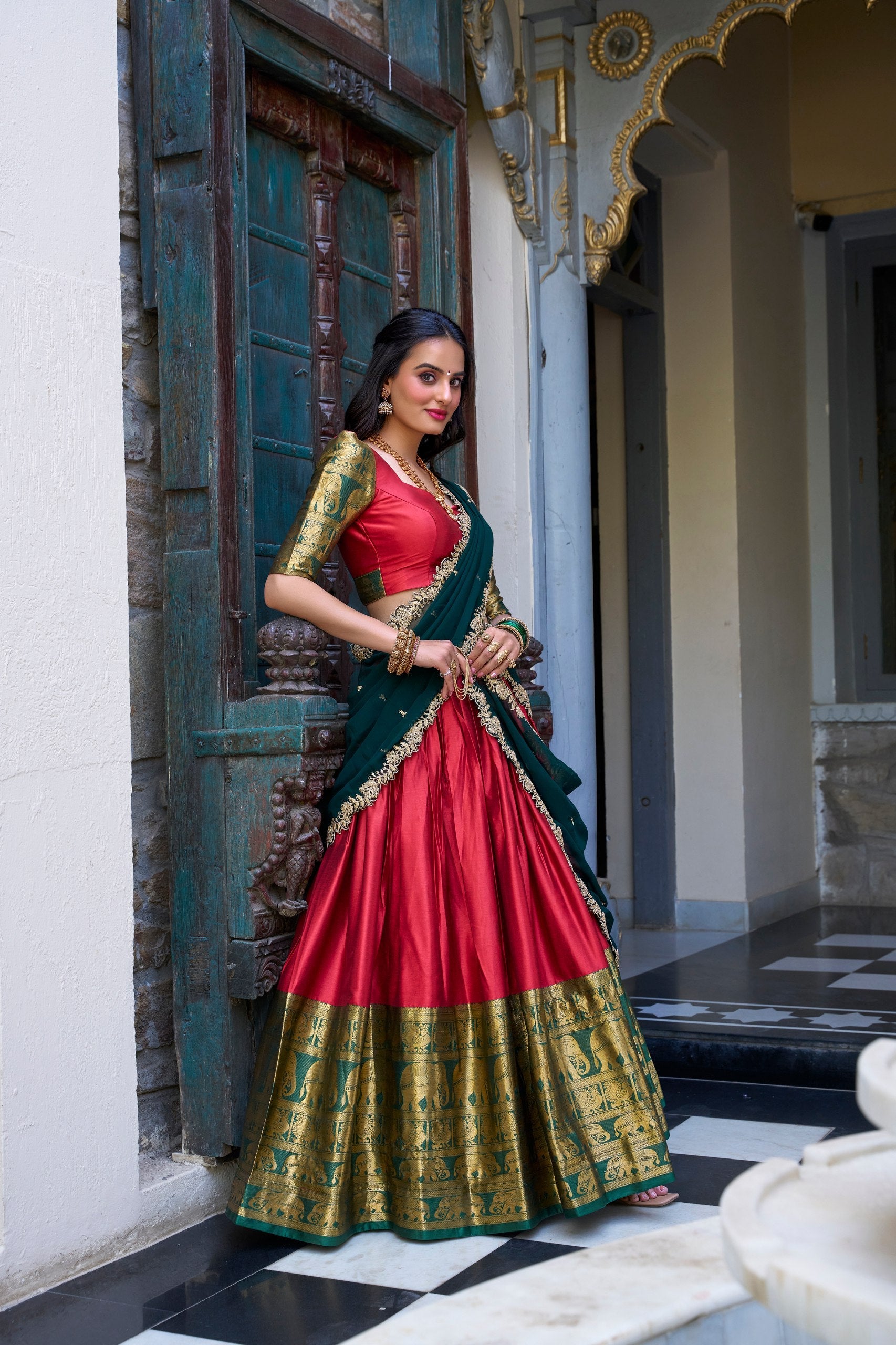 Red Royal Narayan Pattu Zari Weaving Lehenga Set Secondary image