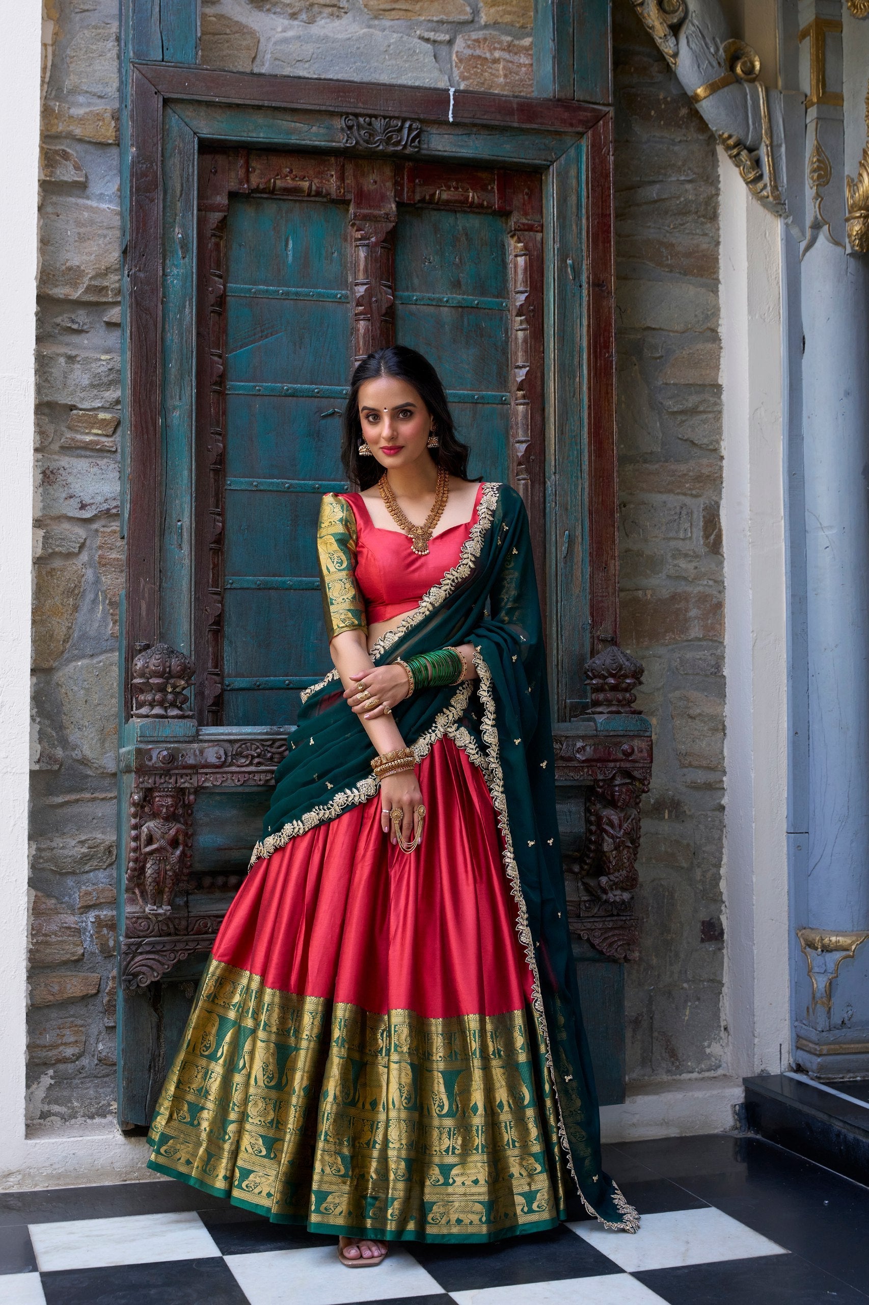 Red Royal Narayan Pattu Zari Weaving Lehenga Set ClothsVilla Main image