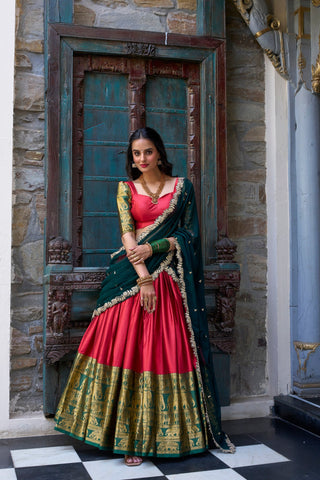 Red Royal Narayan Pattu Zari Weaving Lehenga Set ClothsVilla