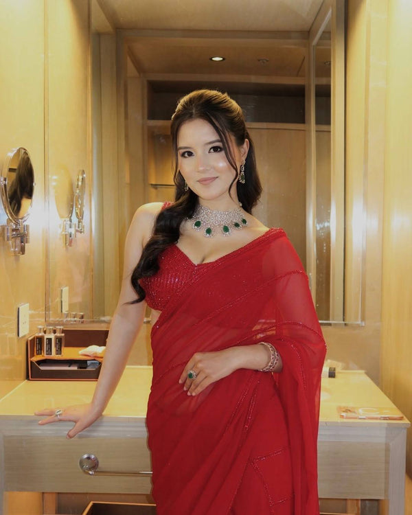 Red Saree with Sequin Work ClothsVilla
