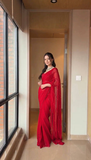 Red Saree with Sequin Work ClothsVilla