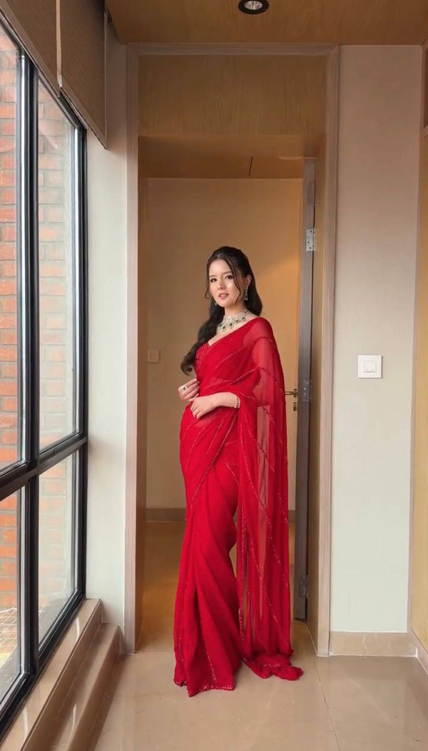 Red Saree with Sequin Work ClothsVilla