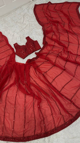 Red Saree with Sequin Work ClothsVilla