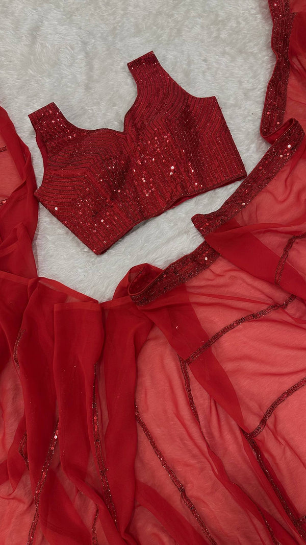 Red Saree with Sequin Work ClothsVilla