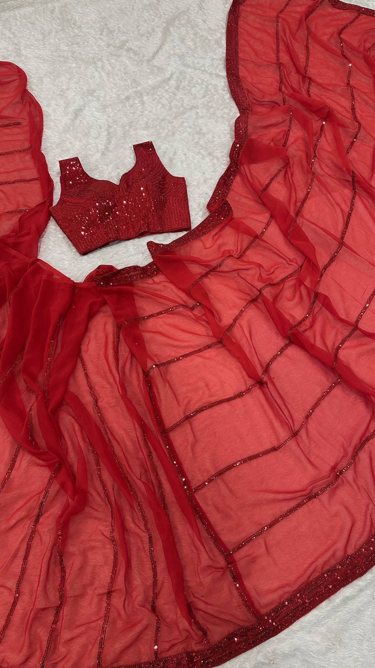 Red Saree with Sequin Work ClothsVilla