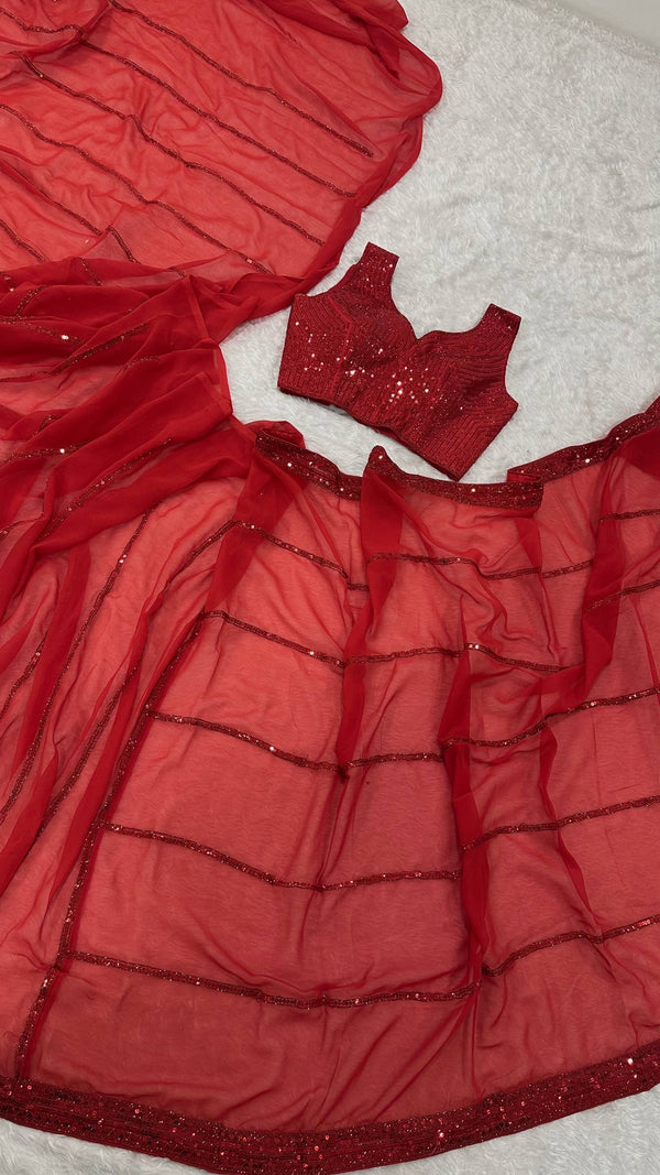 Red Saree with Sequin Work ClothsVilla