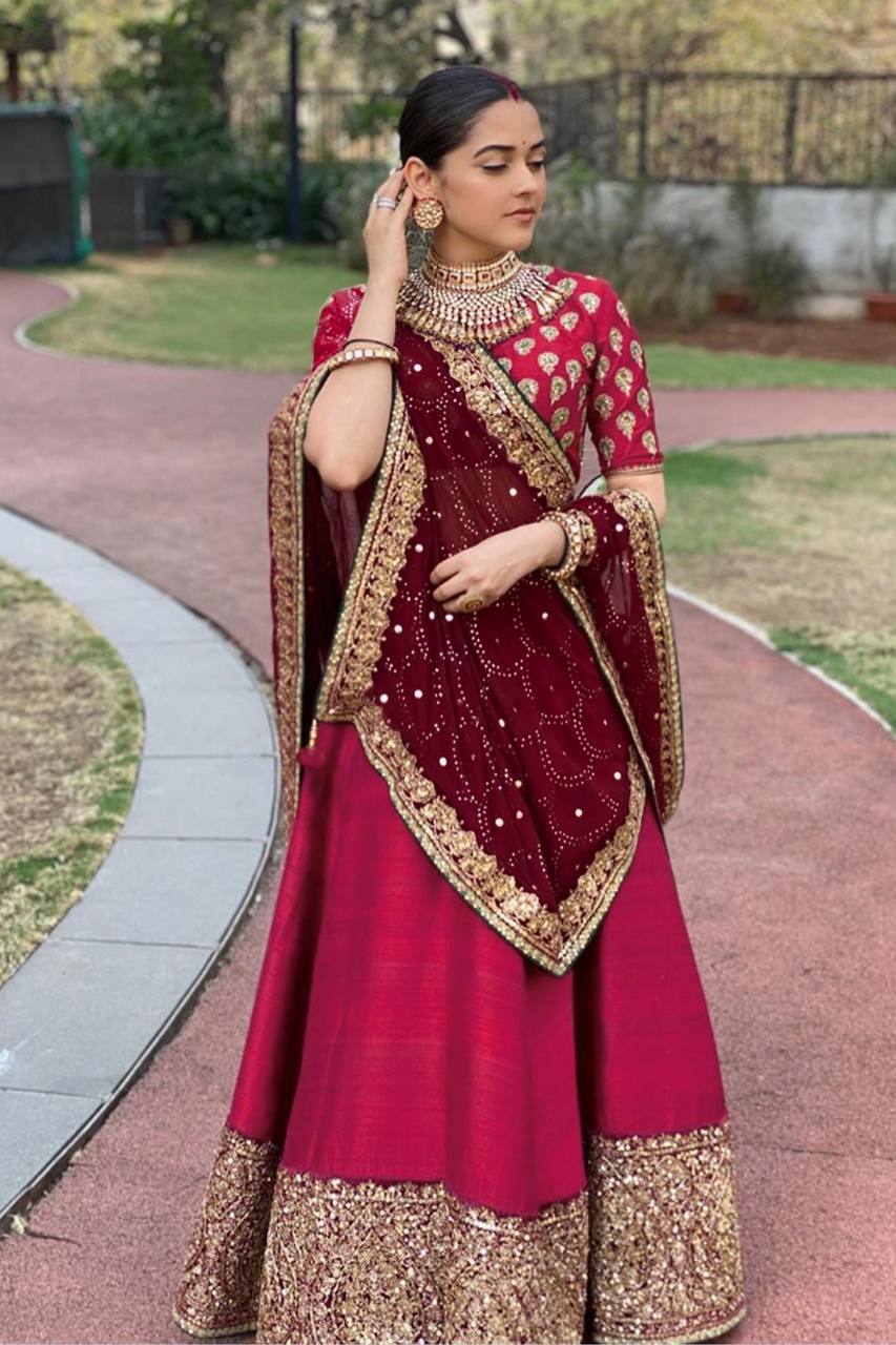Red Satin Georgette Lehenga Set with Zari & Sequins Work Unstitched Blouse & Dupatta Included ClothsVilla