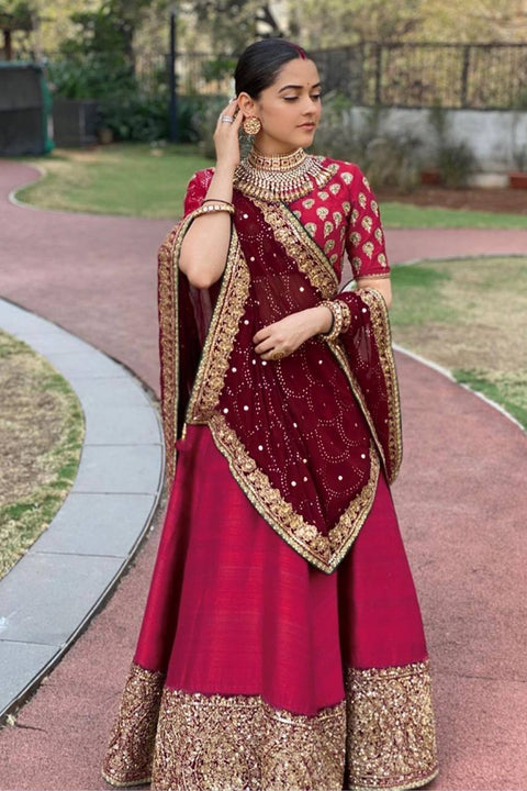 Red Satin Georgette Lehenga Set with Zari & Sequins Work Unstitched Blouse & Dupatta Included ClothsVilla Main image