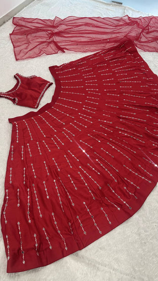 Red Satin Silk Mirror Work Lehenga ClothsVilla