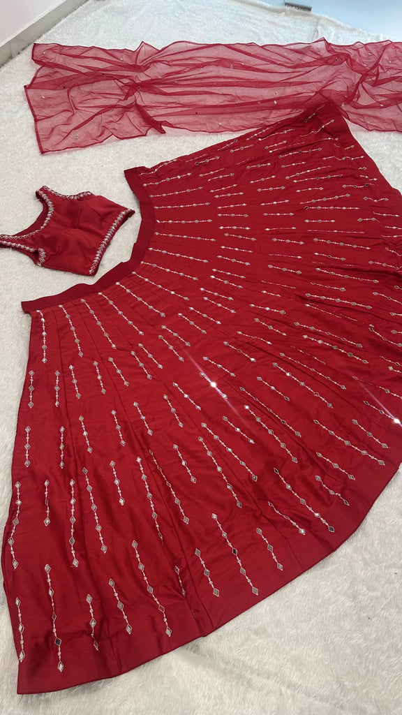 Red Satin Silk Mirror Work Lehenga ClothsVilla