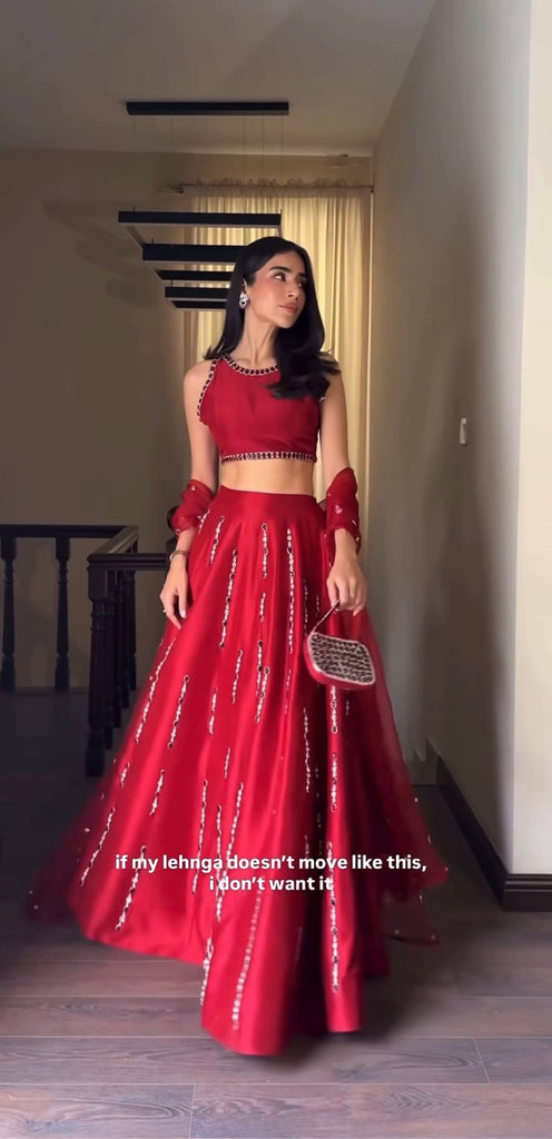 Red Satin Silk Mirror Work Lehenga ClothsVilla