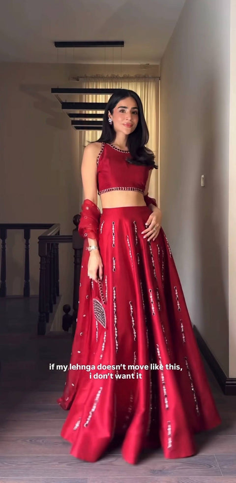 Red Satin Silk Mirror Work Lehenga ClothsVilla Main image