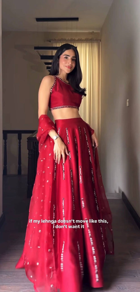 Red Satin Silk Mirror Work Lehenga ClothsVilla