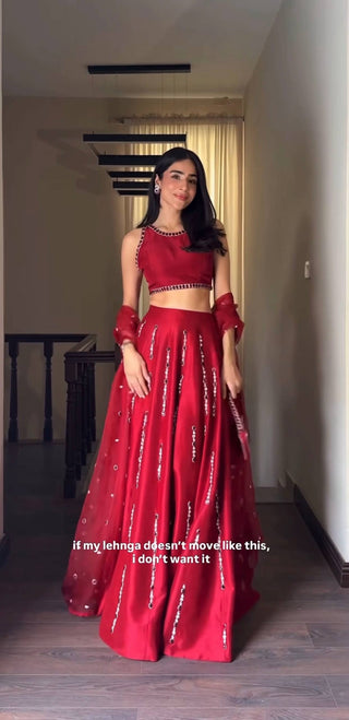Red Satin Silk Mirror Work Lehenga ClothsVilla