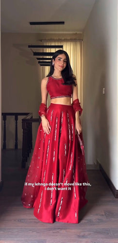 Red Satin Silk Mirror Work Lehenga ClothsVilla