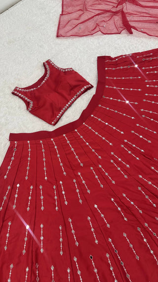 Red Satin Silk Mirror Work Lehenga ClothsVilla