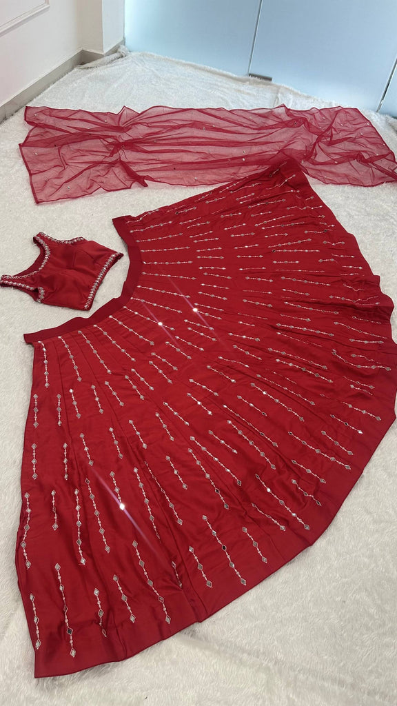 Red Satin Silk Mirror Work Lehenga ClothsVilla