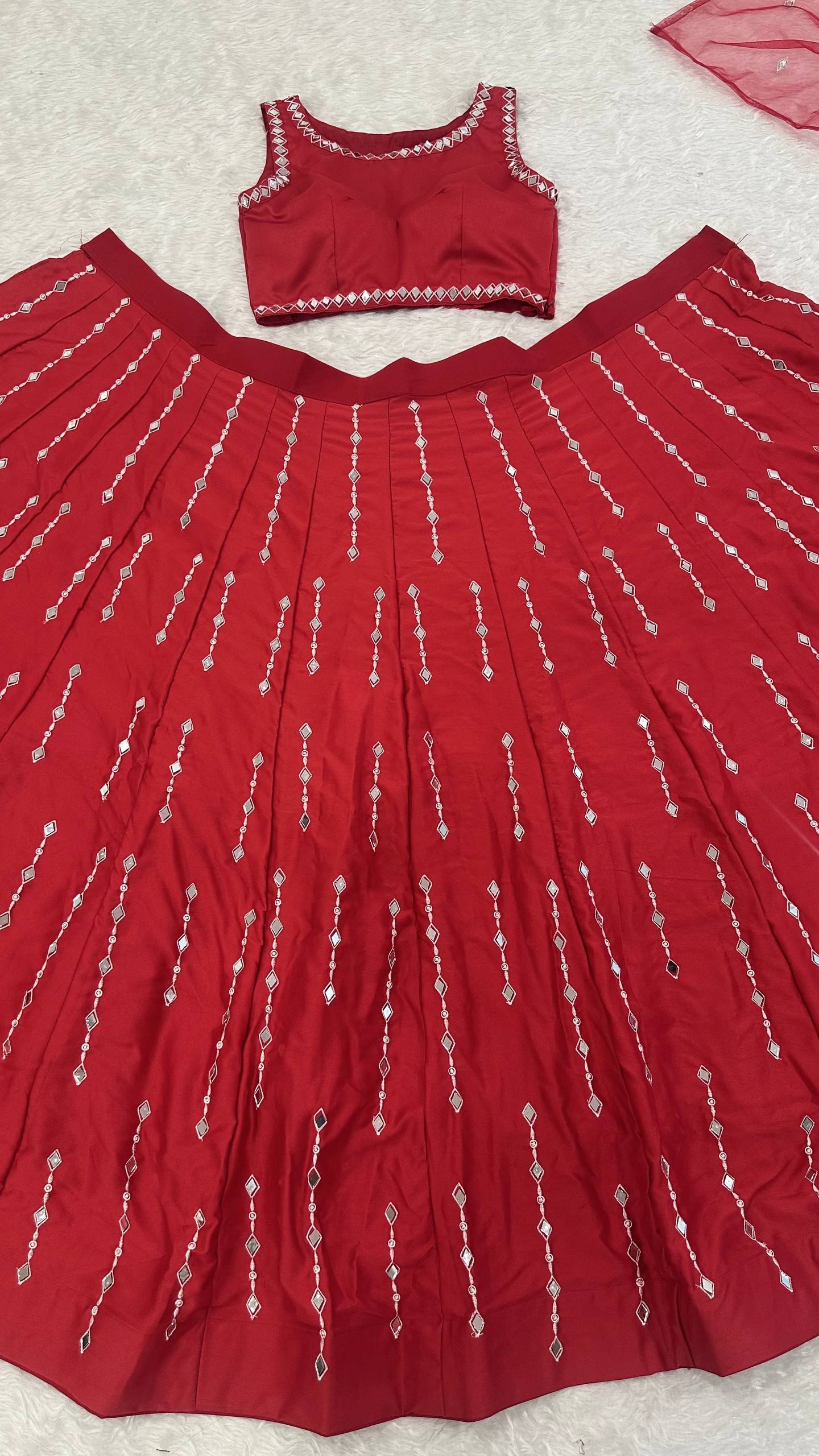 Red Satin Silk Mirror Work Lehenga ClothsVilla