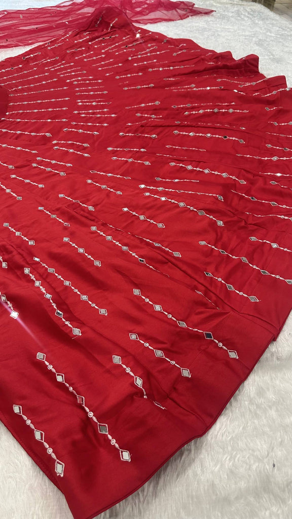 Red Satin Silk Mirror Work Lehenga ClothsVilla