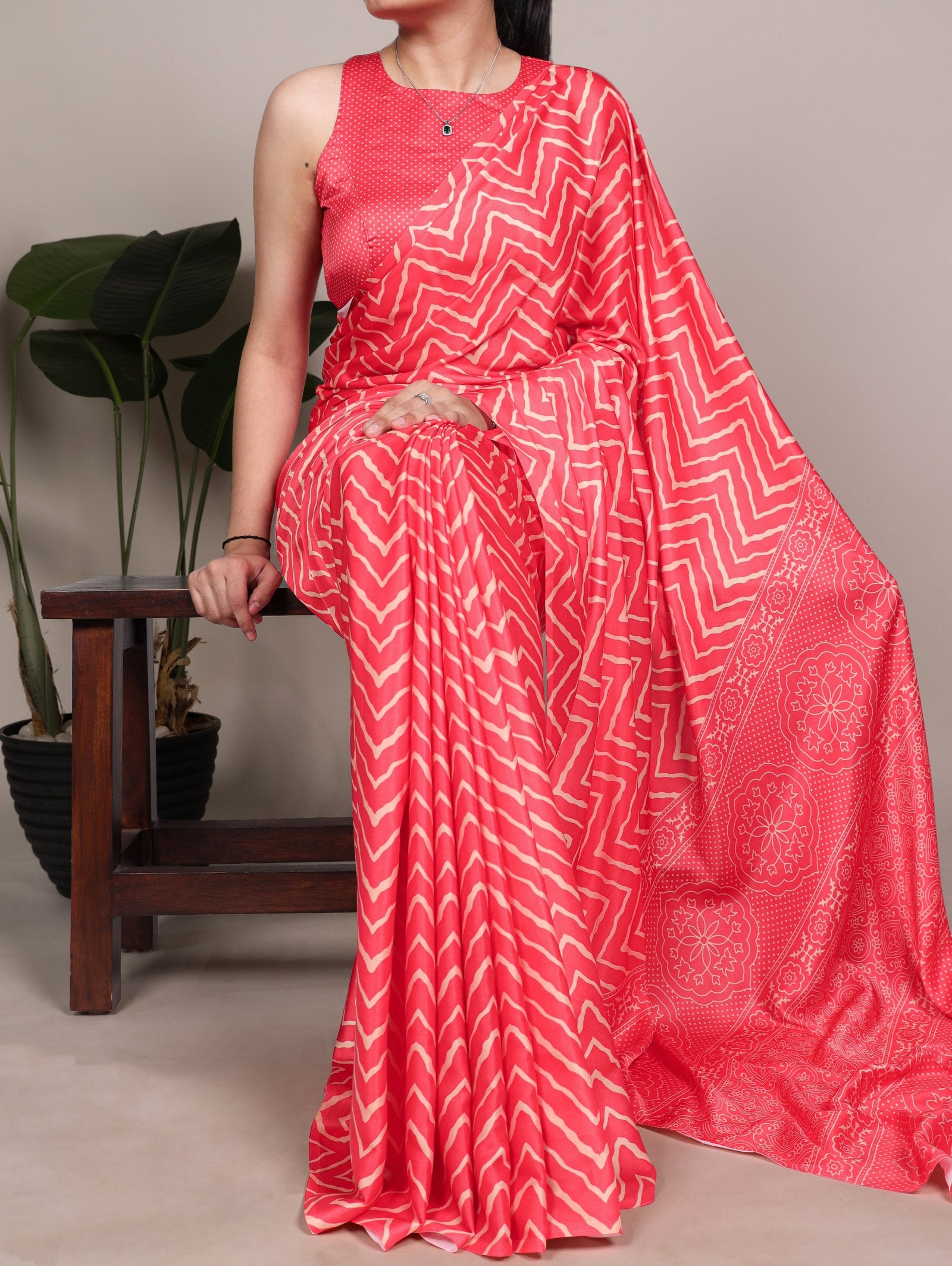 Red Satin Silk Printed Saree ClothsVilla