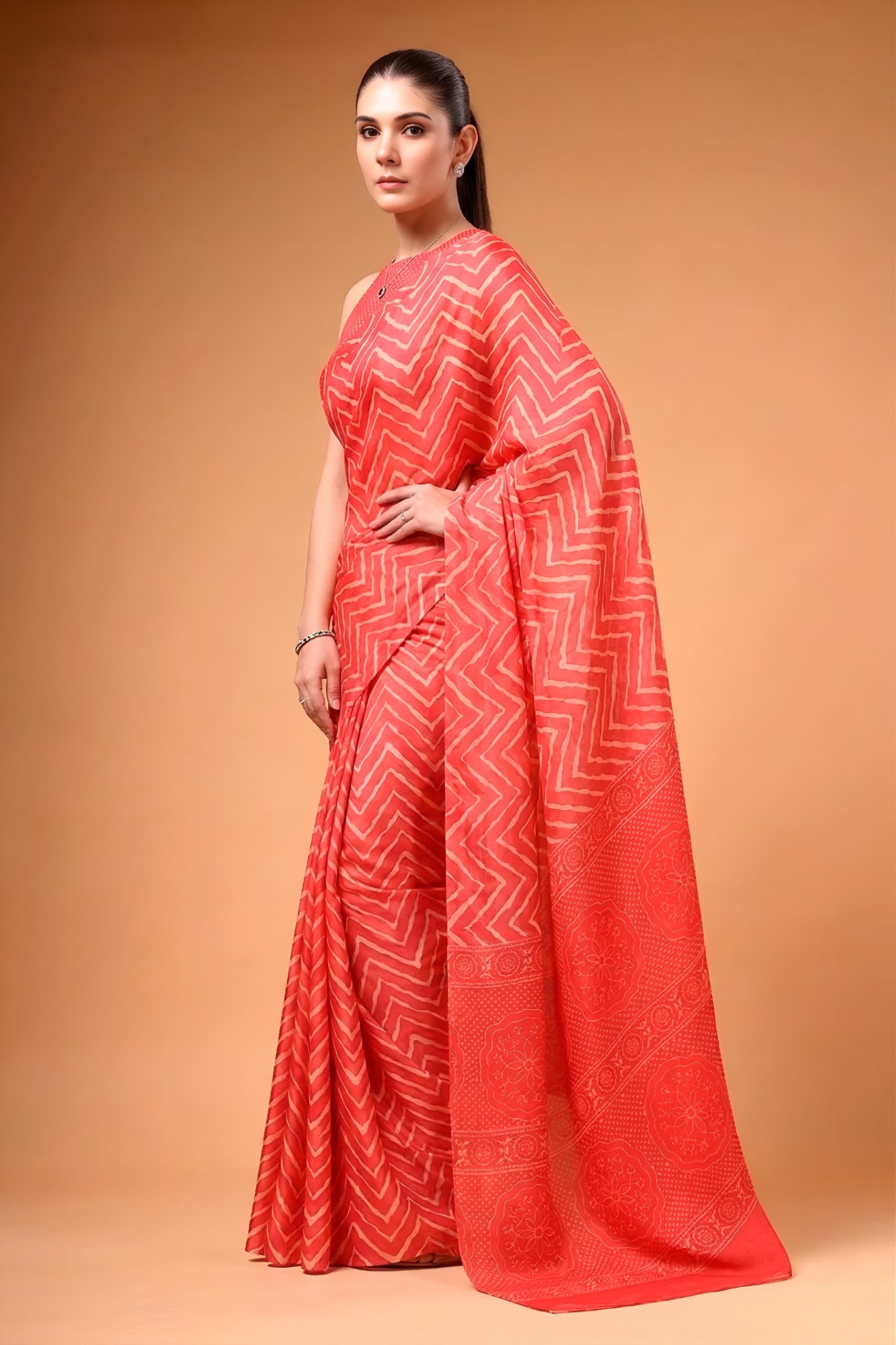 Red Satin Silk Printed Saree Secondary image