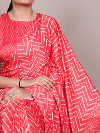 Red Satin Silk Printed Saree ClothsVilla