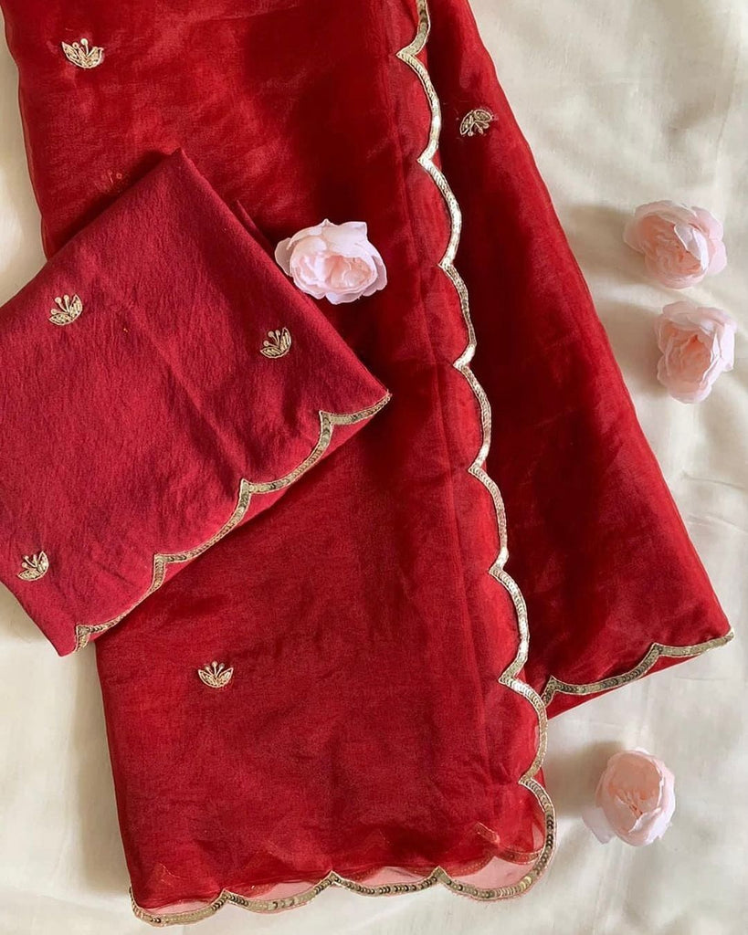 Red Semi-Pure Organza Saree with Exquisite Handwork – Paired with Silk Blouse Featuring Handwork ClothsVilla