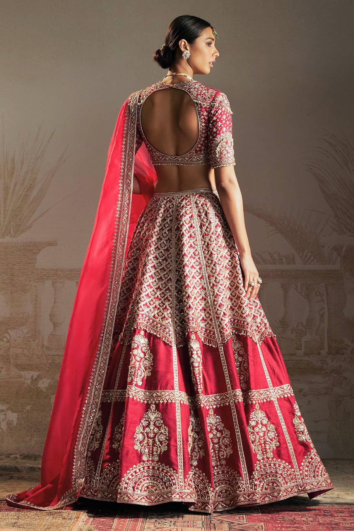 Red Sequins Zari work Bridal Lehenga Set ClothsVilla