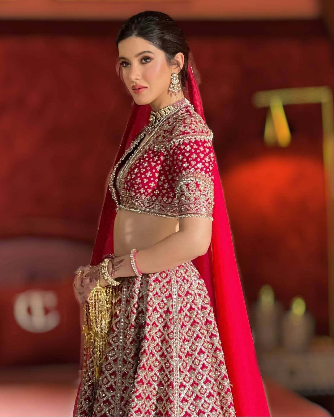 Red Sequins Zari work Bridal Lehenga Set ClothsVilla