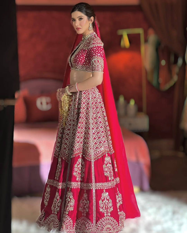 Red Sequins Zari work Bridal Lehenga Set ClothsVilla