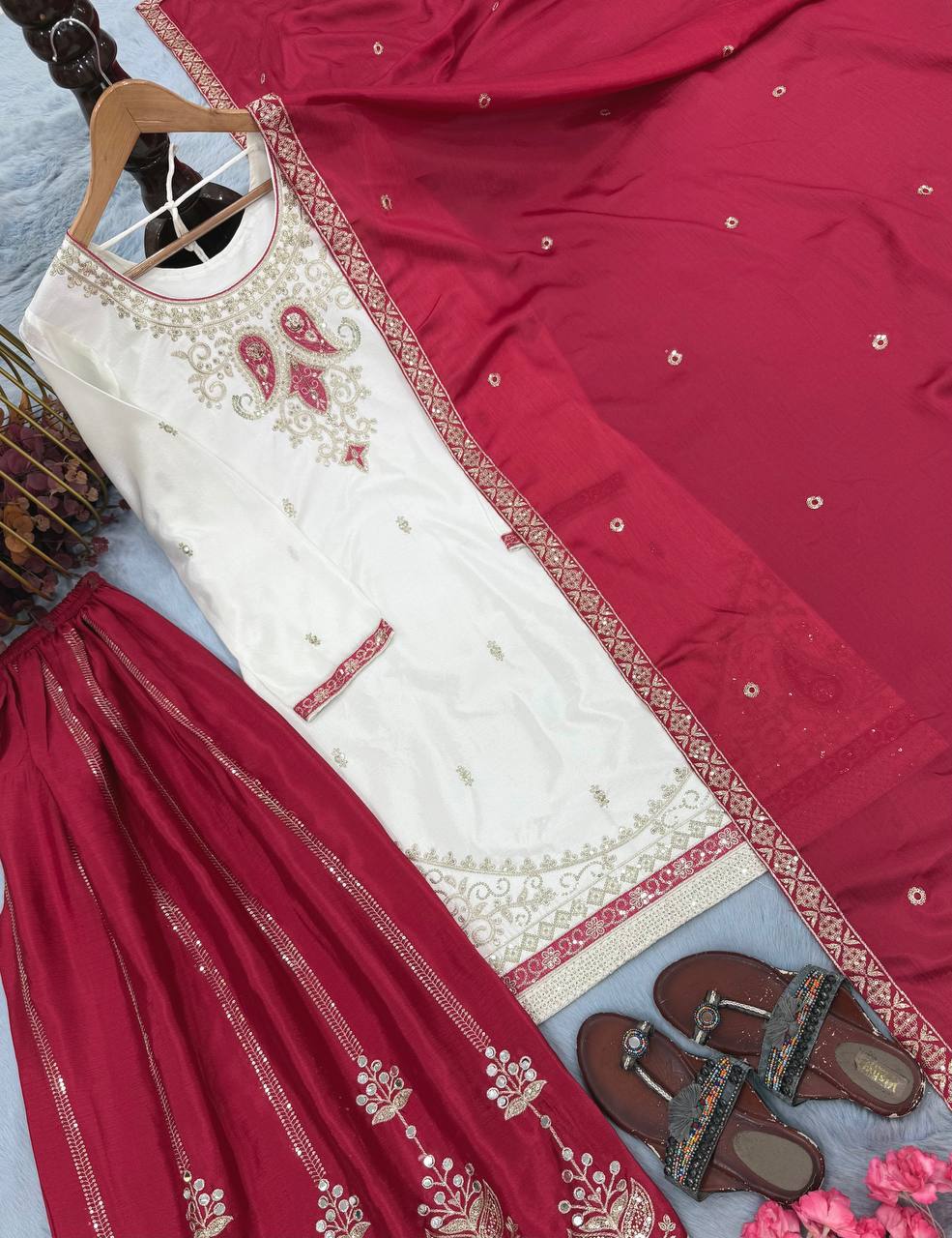 Red Silk Embroidered Palazzo Suit ClothsVilla