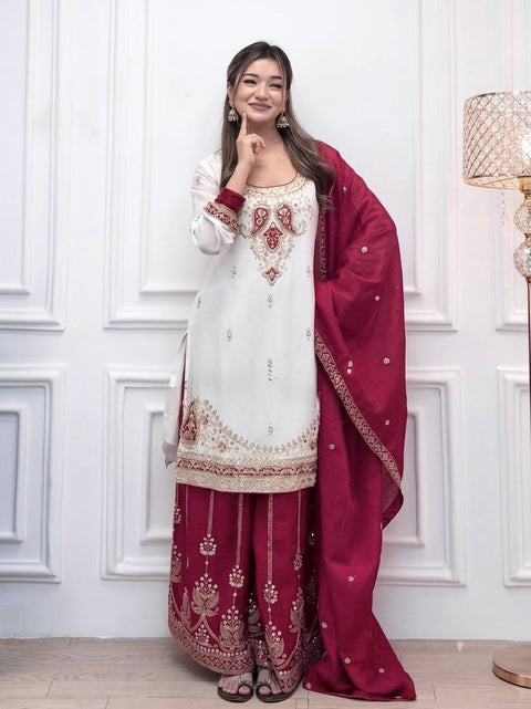 Red Silk Embroidered Palazzo Suit ClothsVilla Main image