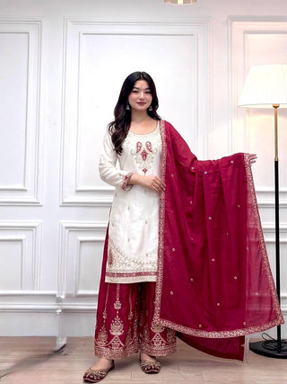 Red Silk Embroidered Palazzo Suit ClothsVilla