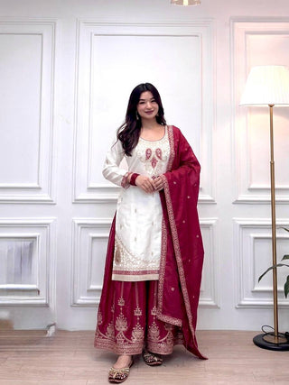 Red Silk Embroidered Palazzo Suit ClothsVilla