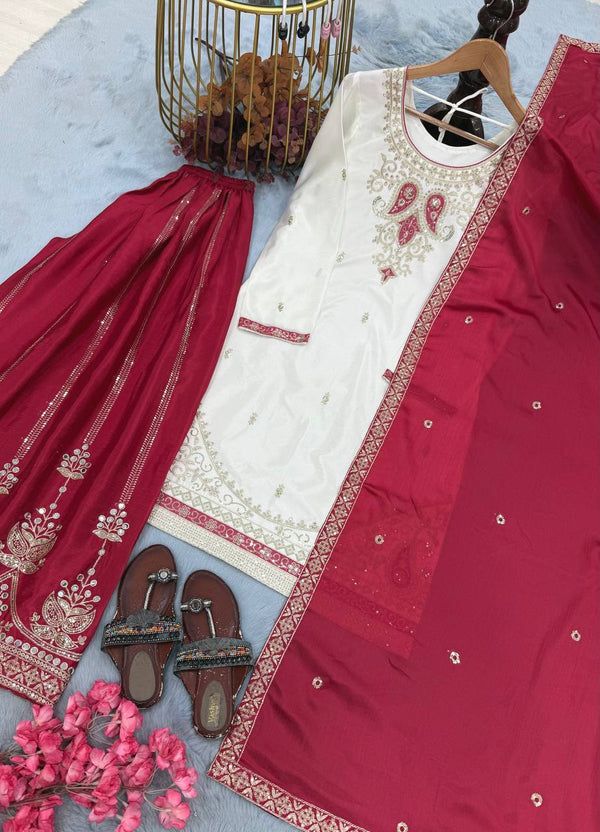 Red Silk Embroidered Palazzo Suit ClothsVilla