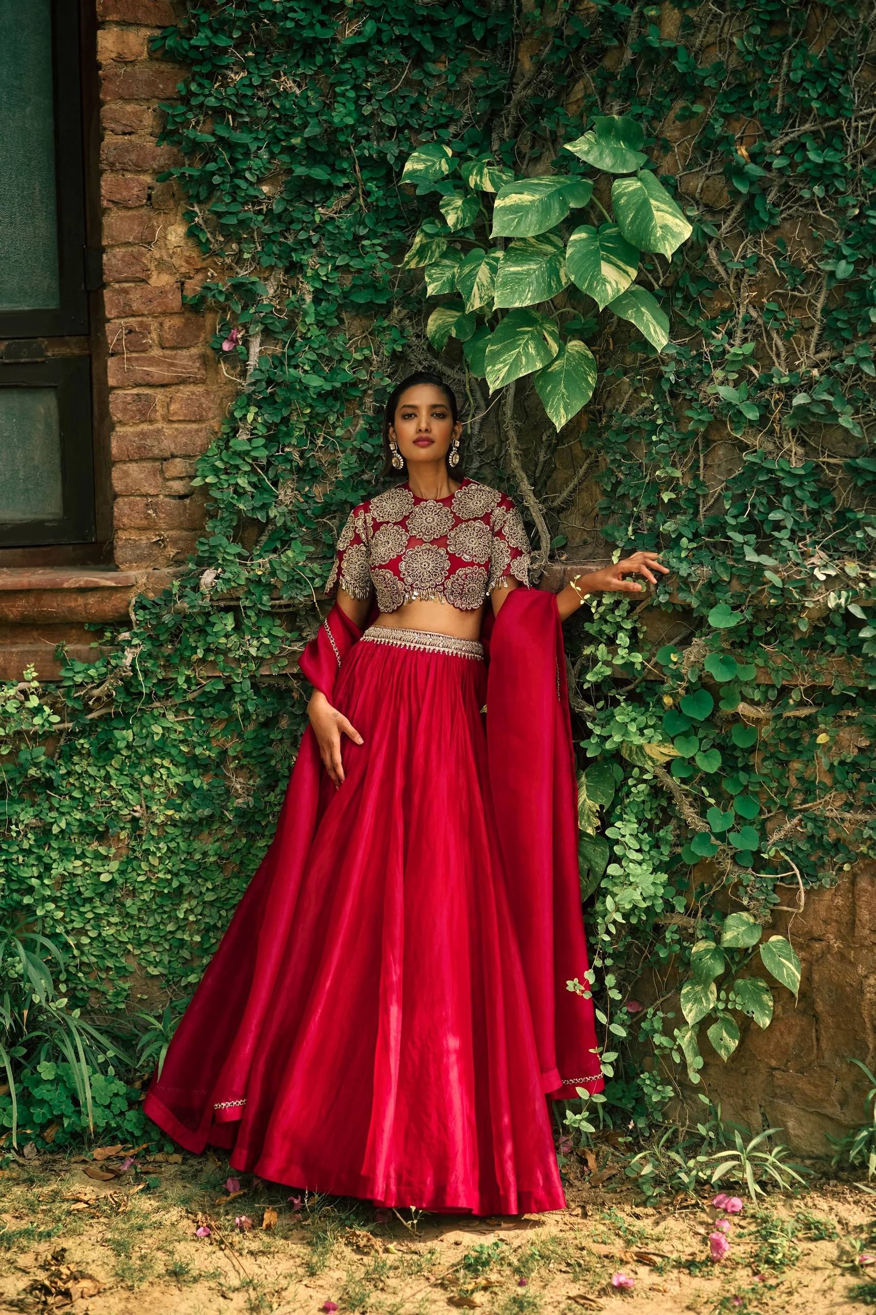 Red Silk Sequins & Dori Work Lehenga Set ClothsVilla Main image