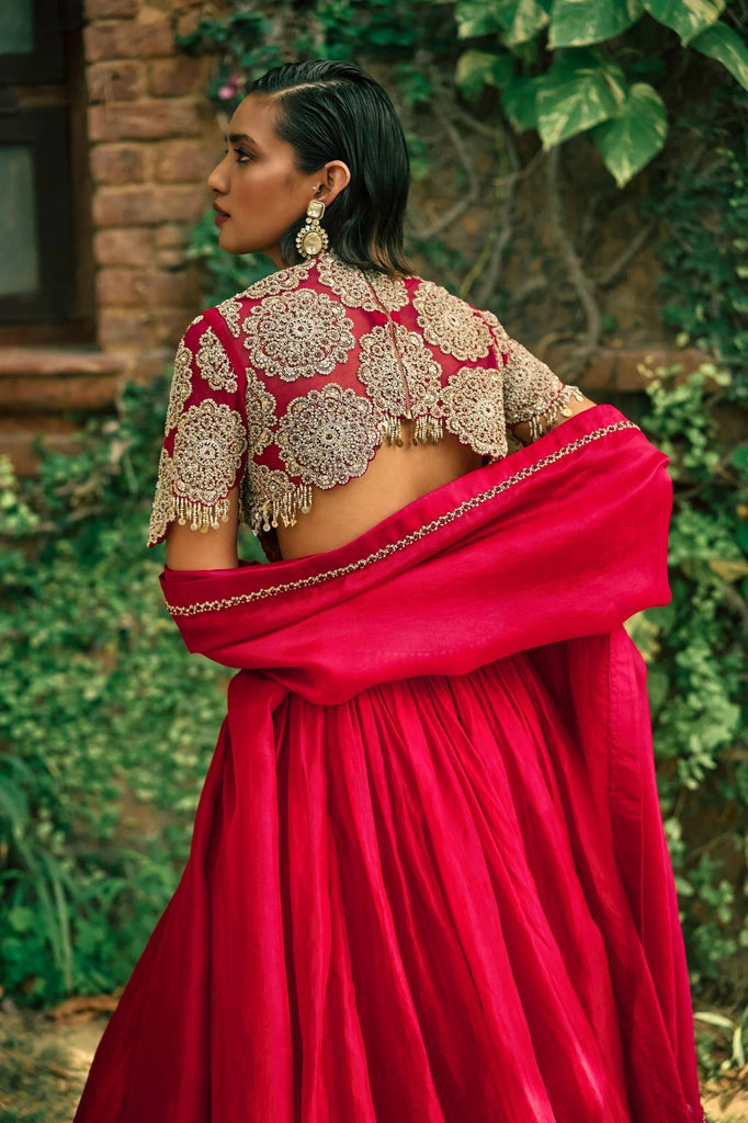 Red Silk Sequins & Dori Work Lehenga Set ClothsVilla