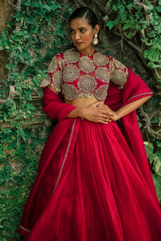 Red Silk Sequins & Dori Work Lehenga Set ClothsVilla