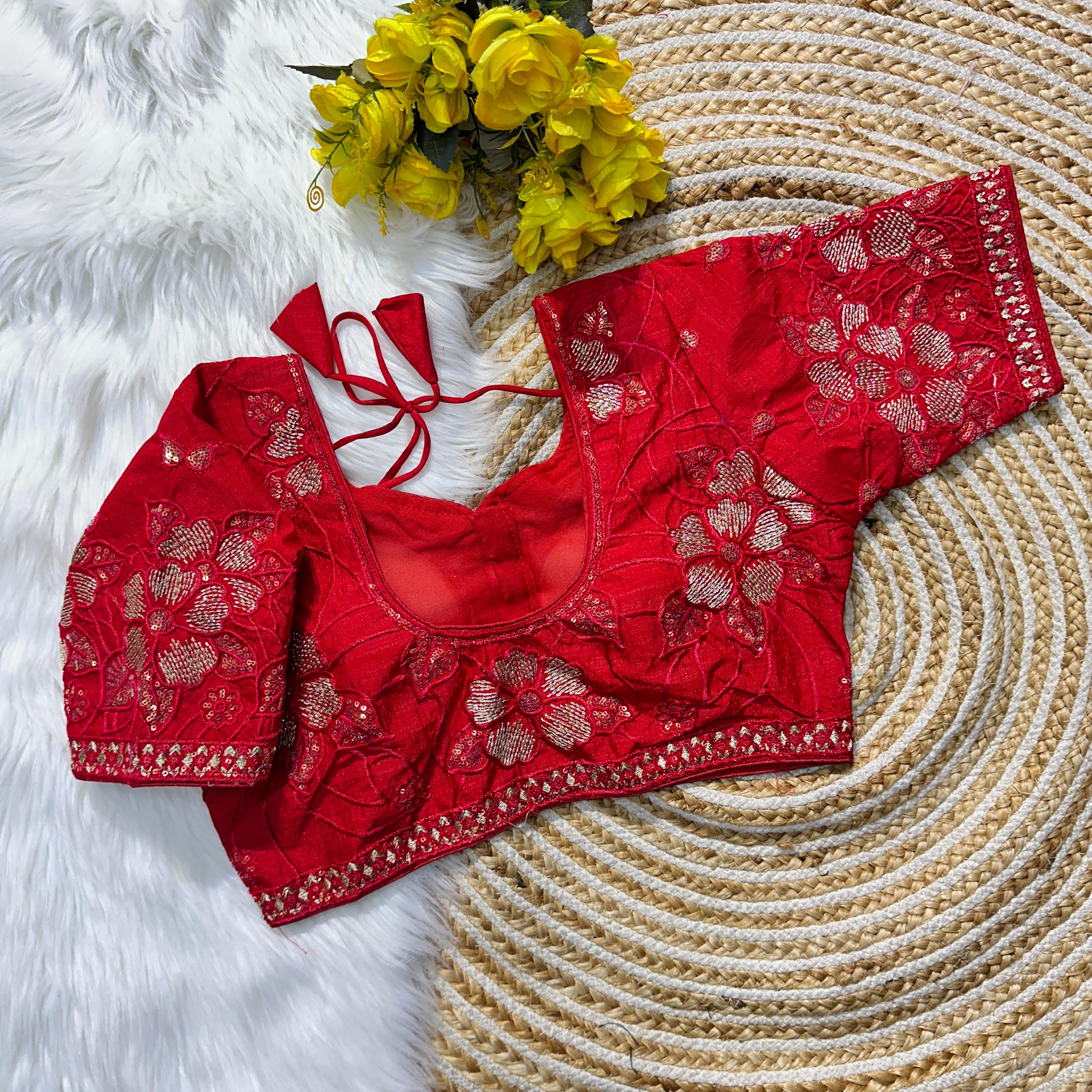 Red Soft Silk Blouse with Beautiful Embroidery and Sequence Accents ClothsVilla Main image