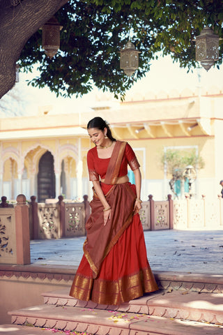 Red South Indian Zari Border Lehenga Set ClothsVilla