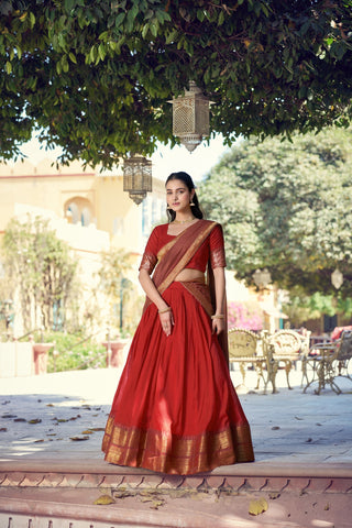 Red South Indian Zari Border Lehenga Set ClothsVilla