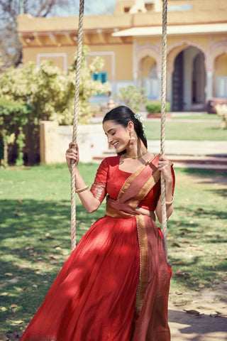 Red South Indian Zari Border Lehenga Set ClothsVilla