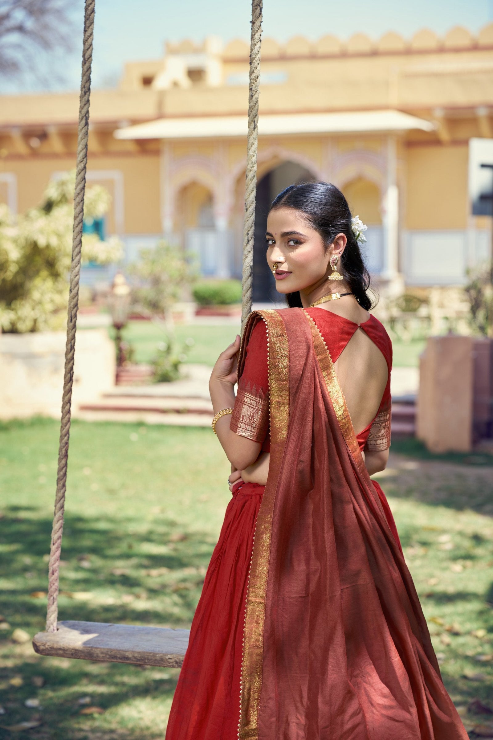Red South Indian Zari Border Lehenga Set ClothsVilla