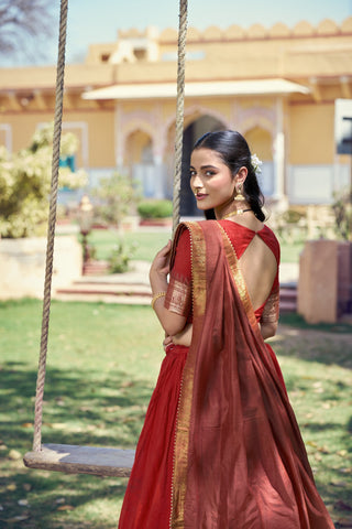 Red South Indian Zari Border Lehenga Set ClothsVilla