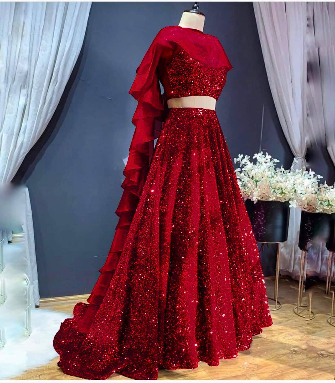 Red Sparkle & Shine – Velvet Sequin Lehenga Set ClothsVilla