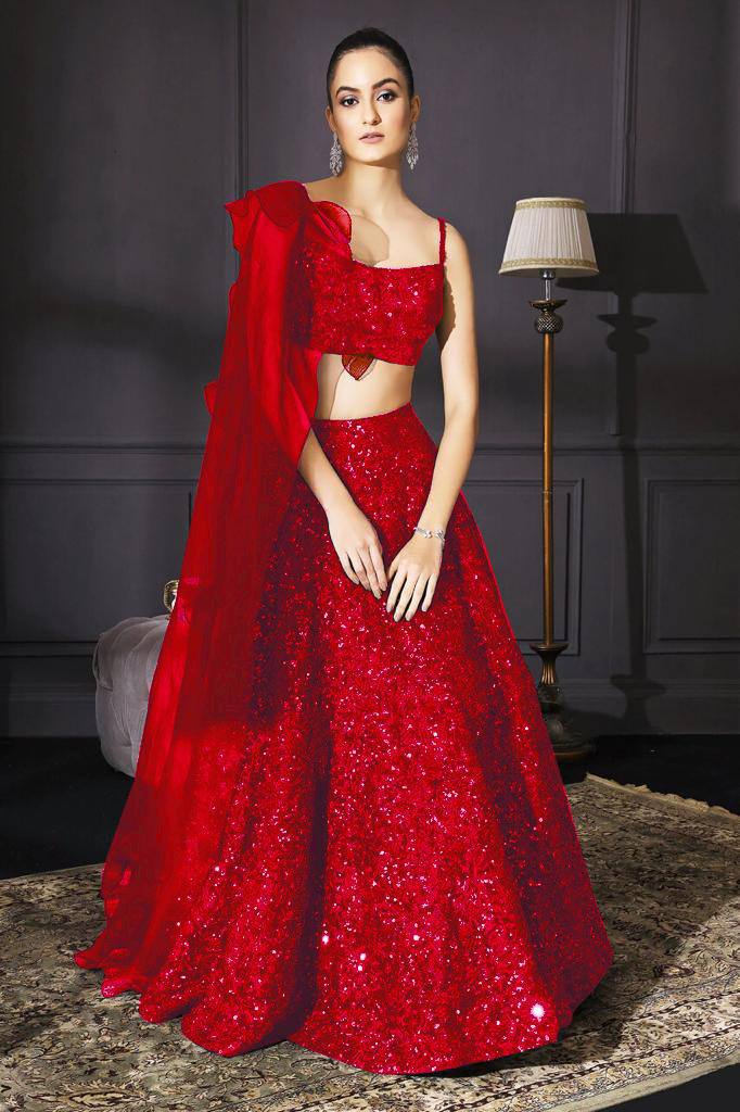 Red Sparkle & Shine – Velvet Sequin Lehenga Set ClothsVilla