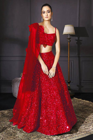 Red Sparkle & Shine – Velvet Sequin Lehenga Set ClothsVilla
