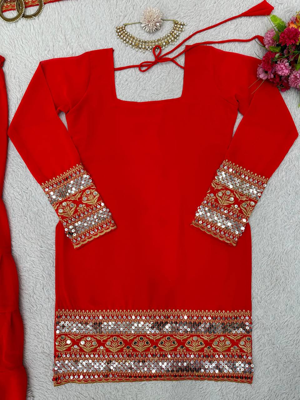 Red Stunning Faux Georgette Sharara Set – A Perfect Festive Ensemble ClothsVilla