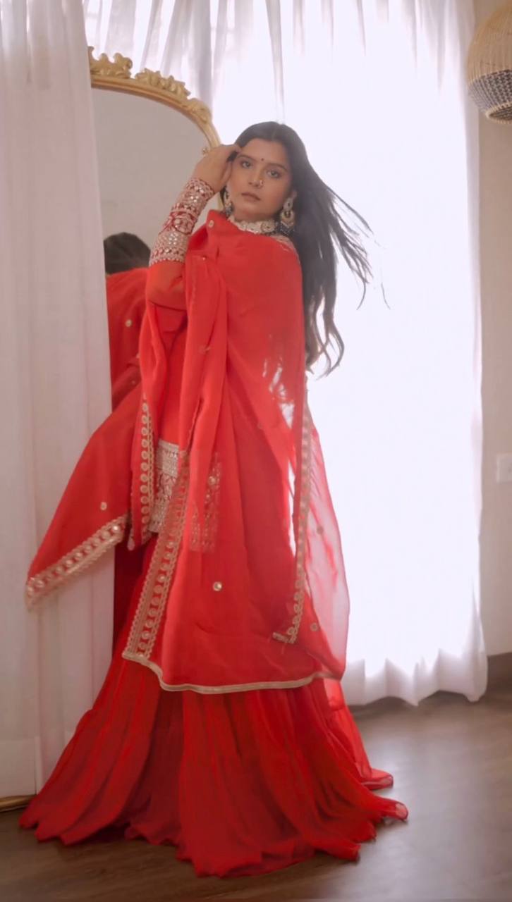 Red Stunning Faux Georgette Sharara Set – A Perfect Festive Ensemble ClothsVilla