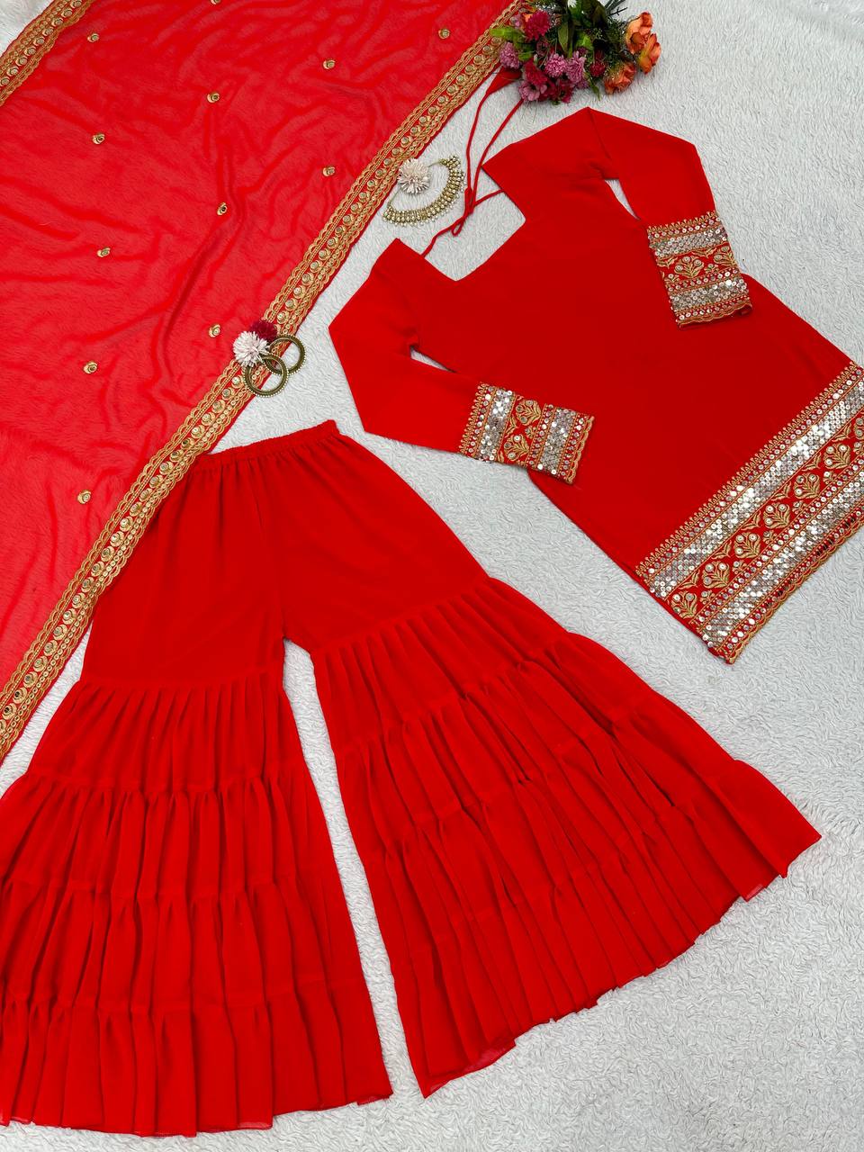 Red Stunning Faux Georgette Sharara Set – A Perfect Festive Ensemble ClothsVilla